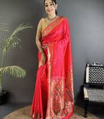 rani pink lichi silk blend floral ikkat motifs zari weaving paithani saree