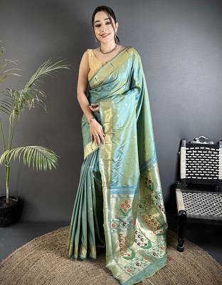 light green lichi silk blend floral ikkat motifs zari weaving paithani saree 1