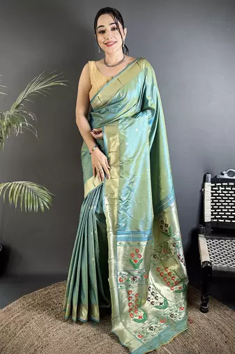 light green lichi silk blend floral ikkat motifs zari weaving paithani saree