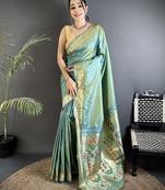 light green lichi silk blend floral ikkat motifs zari weaving paithani saree