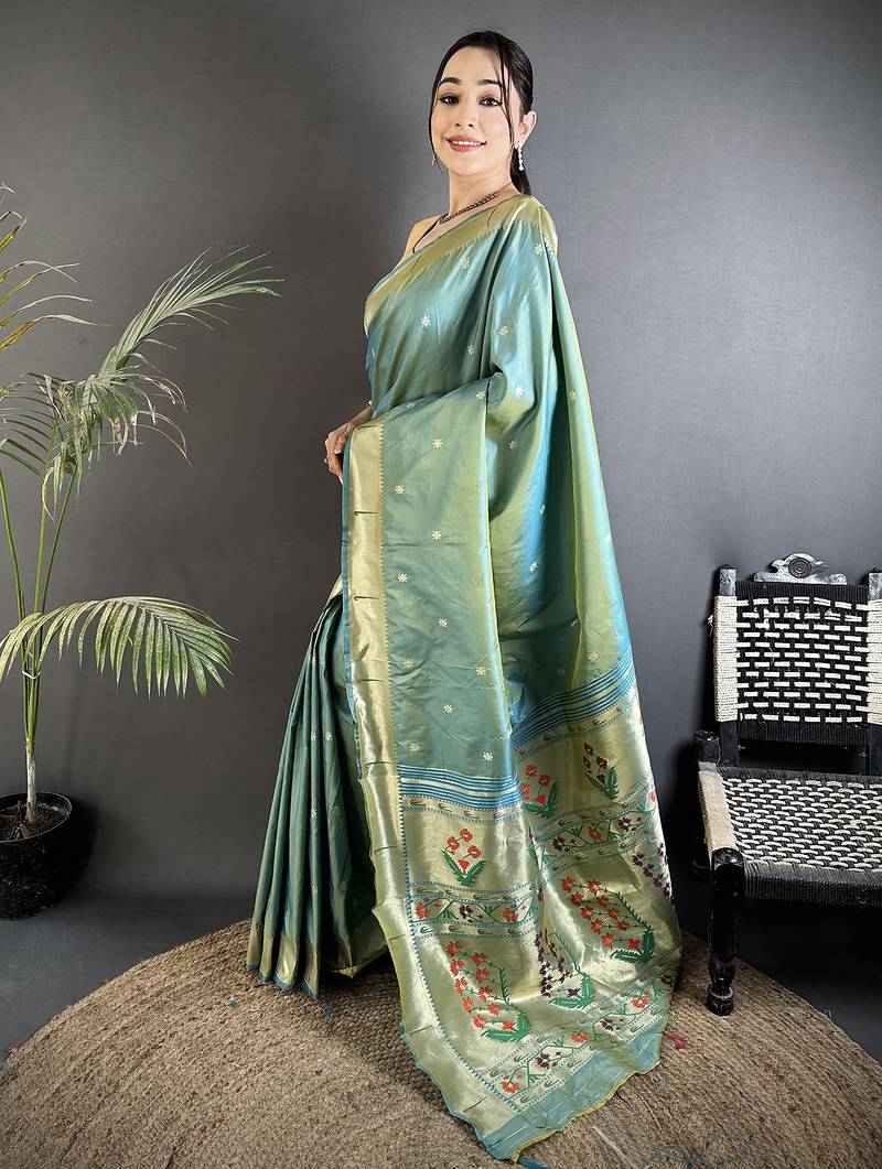 light green lichi silk blend floral ikkat motifs zari weaving paithani saree