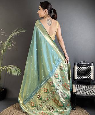 light green lichi silk blend floral ikkat motifs zari weaving paithani saree 3