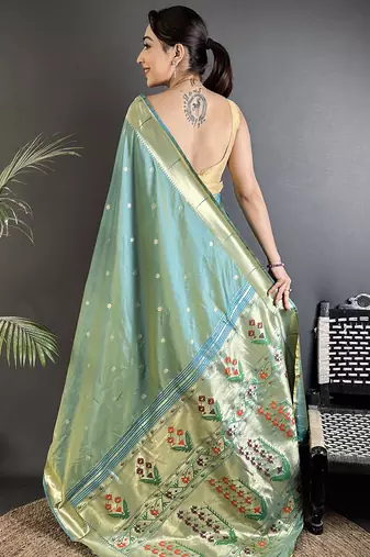 light green lichi silk blend floral ikkat motifs zari weaving paithani saree