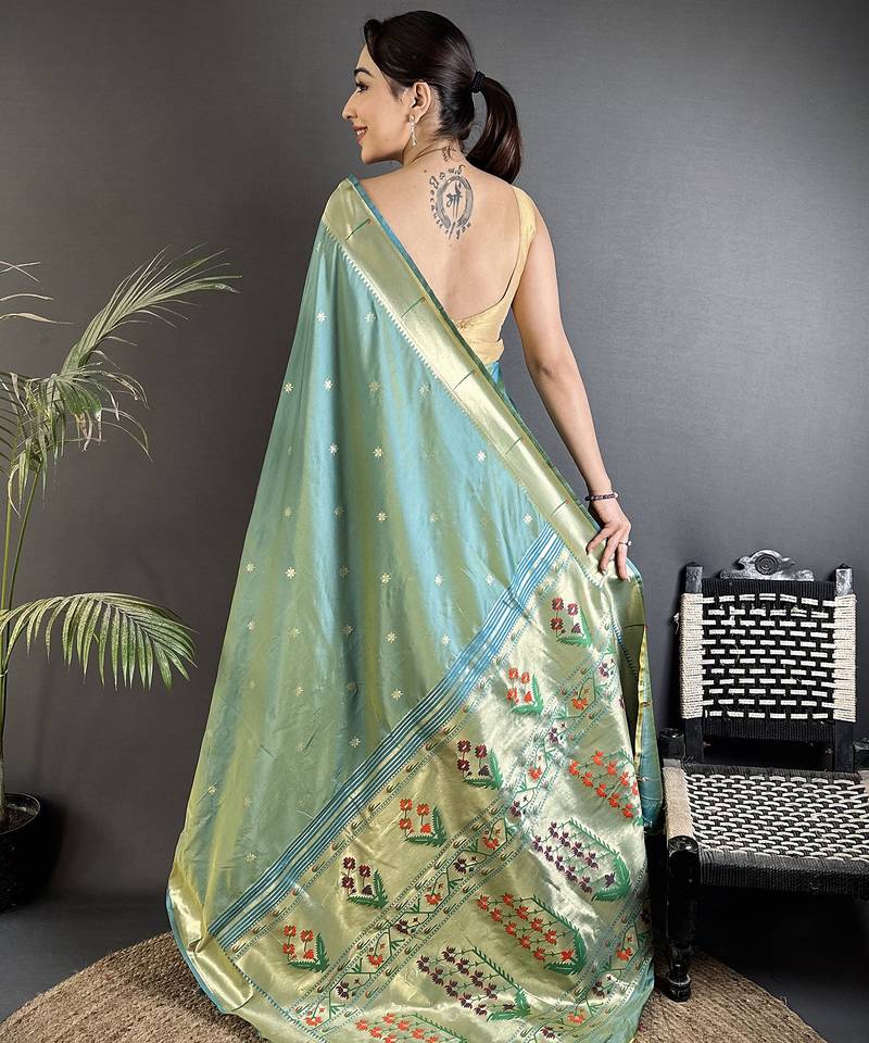 light green lichi silk blend floral ikkat motifs zari weaving paithani saree