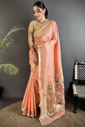 peach lichi silk blend floral ikkat motifs zari weaving paithani saree