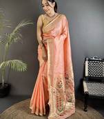 peach lichi silk blend floral ikkat motifs zari weaving paithani saree