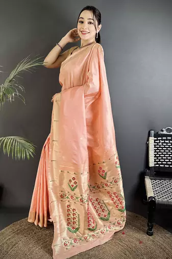 peach lichi silk blend floral ikkat motifs zari weaving paithani saree