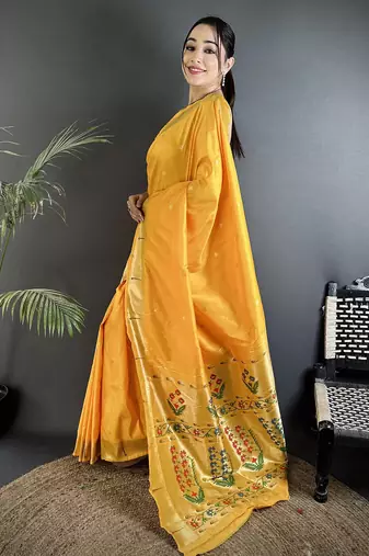 yellow lichi silk blend floral ikkat motifs zari weaving paithani saree