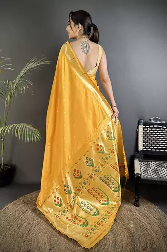 yellow lichi silk blend floral ikkat motifs zari weaving paithani saree