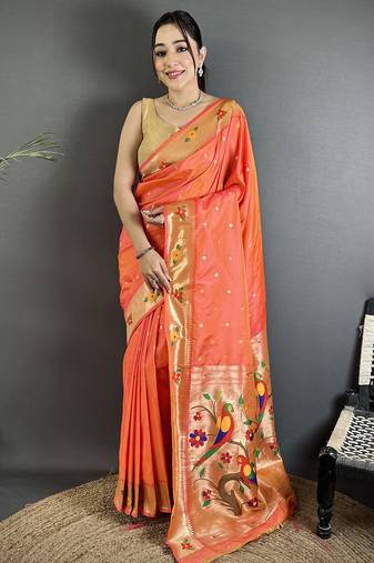 orange lichi silk blend parrot & floral woven design zari weaving paithani saree