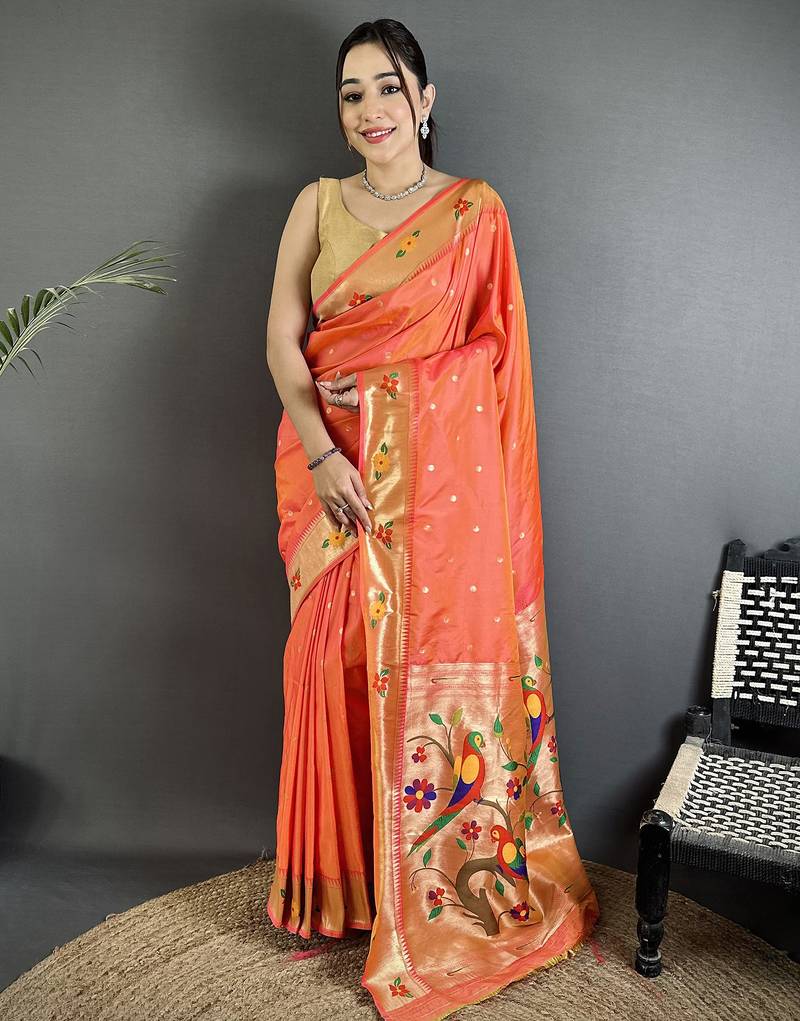 orange lichi silk blend parrot & floral woven design zari weaving paithani saree