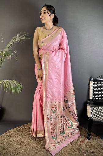 baby pink lichi silk blend floral ikkat motifs zari weaving paithani saree