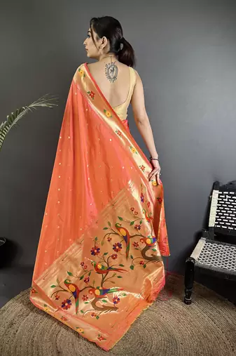 orange lichi silk blend parrot & floral woven design zari weaving paithani saree