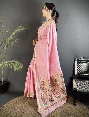 baby pink lichi silk blend floral ikkat motifs zari weaving paithani saree 2