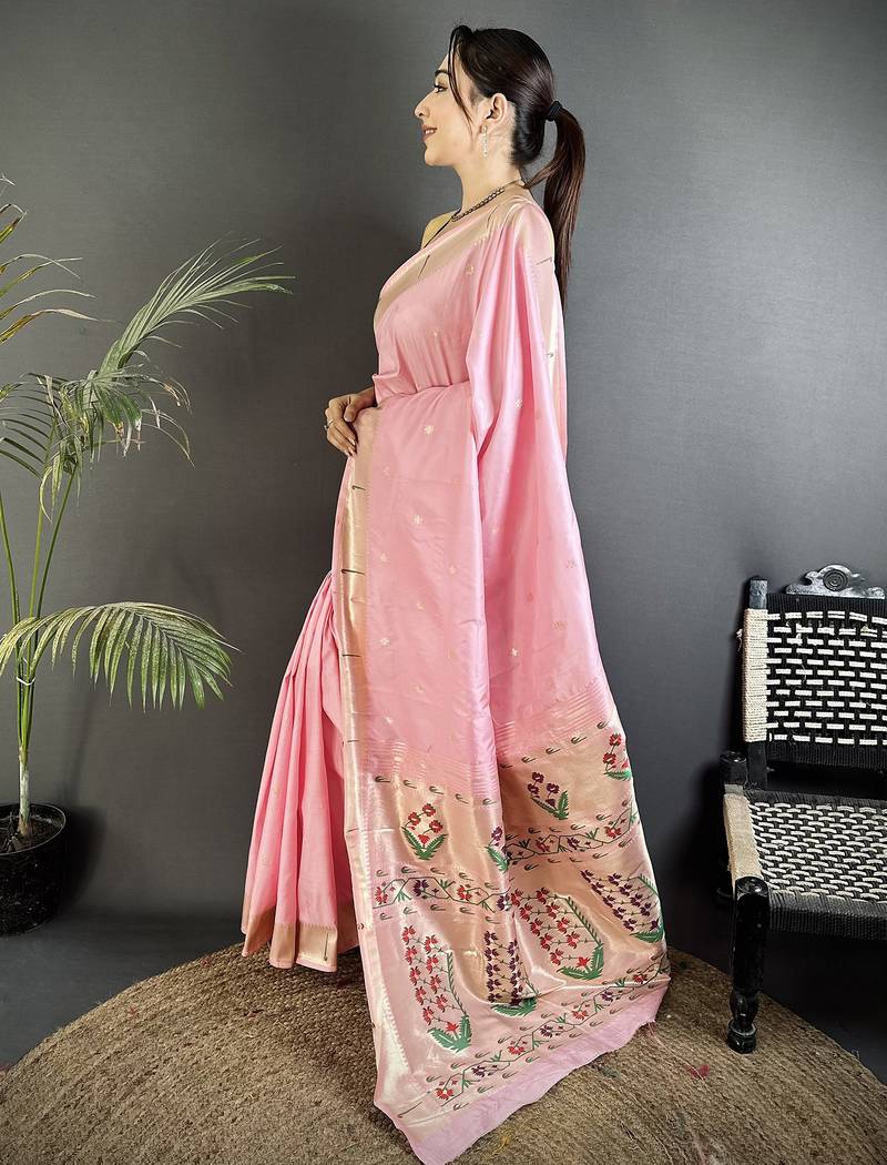 baby pink lichi silk blend floral ikkat motifs zari weaving paithani saree