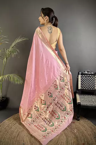 baby pink lichi silk blend floral ikkat motifs zari weaving paithani saree