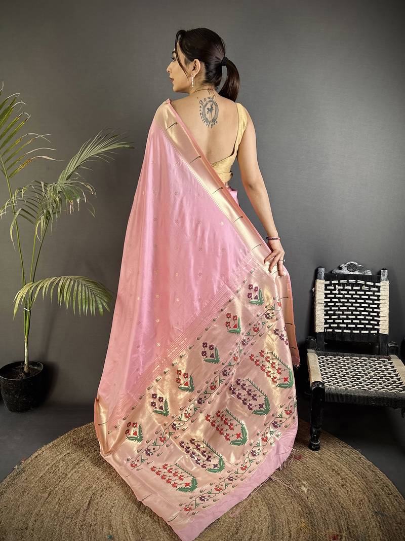 baby pink lichi silk blend floral ikkat motifs zari weaving paithani saree