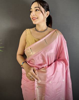baby pink lichi silk blend floral ikkat motifs zari weaving paithani saree 4