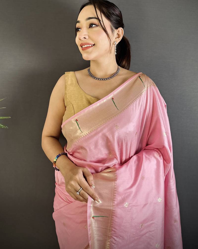 baby pink lichi silk blend floral ikkat motifs zari weaving paithani saree