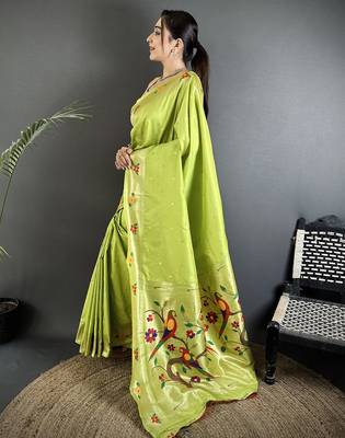 lime green lichi silk blend parrot & floral woven design zari weaving paithani saree 2