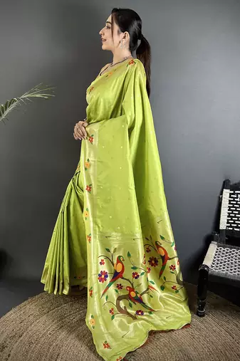 lime green lichi silk blend parrot & floral woven design zari weaving paithani saree