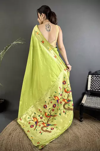 lime green lichi silk blend parrot & floral woven design zari weaving paithani saree