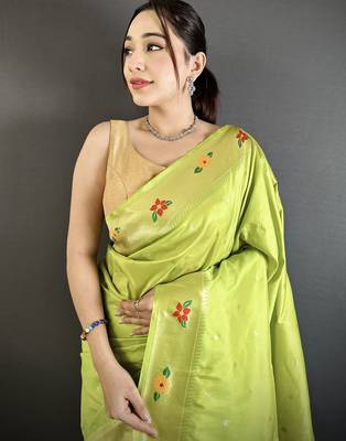 lime green lichi silk blend parrot & floral woven design zari weaving paithani saree 4