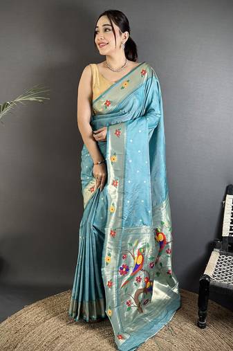 light blue lichi silk blend parrot & floral woven design zari weaving paithani saree