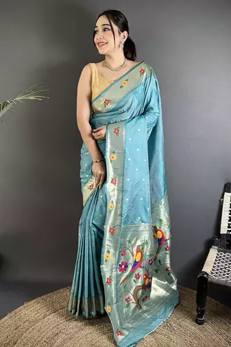 light blue lichi silk blend parrot & floral woven design zari weaving paithani saree