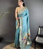 light blue lichi silk blend parrot & floral woven design zari weaving paithani saree