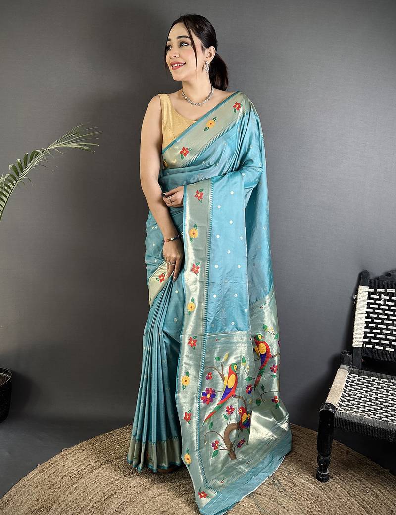 light blue lichi silk blend parrot & floral woven design zari weaving paithani saree