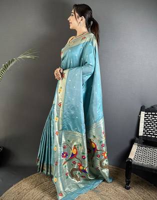 light blue lichi silk blend parrot & floral woven design zari weaving paithani saree 2