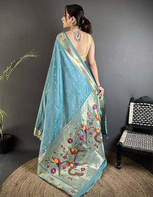 light blue lichi silk blend parrot & floral woven design zari weaving paithani saree 3