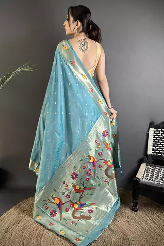 light blue lichi silk blend parrot & floral woven design zari weaving paithani saree
