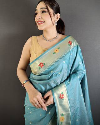 light blue lichi silk blend parrot & floral woven design zari weaving paithani saree 4