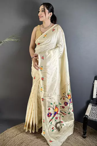 off-white lichi silk blend parrot & floral woven design zari weaving paithani saree