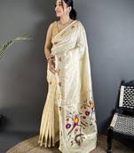 off-white lichi silk blend parrot & floral woven design zari weaving paithani saree