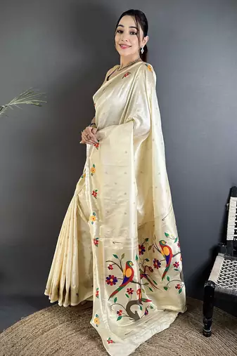 off-white lichi silk blend parrot & floral woven design zari weaving paithani saree