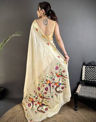 off-white lichi silk blend parrot & floral woven design zari weaving paithani saree 3