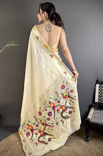 off-white lichi silk blend parrot & floral woven design zari weaving paithani saree