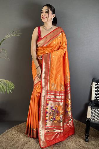 orange lichi silk blend floral motifs zari weaving paithani saree