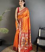 orange lichi silk blend floral motifs zari weaving paithani saree