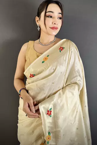 off-white lichi silk blend parrot & floral woven design zari weaving paithani saree