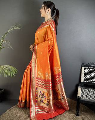 orange  lichi silk blend floral motifs zari weaving paithani saree 2