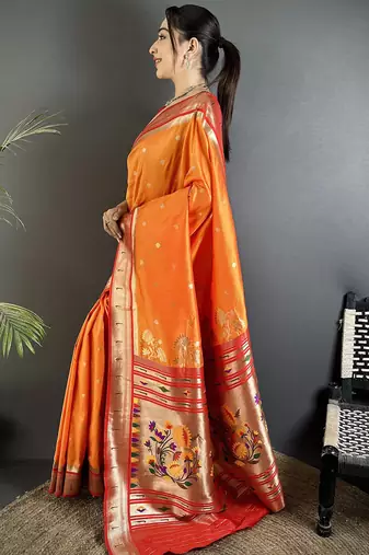 orange lichi silk blend floral motifs zari weaving paithani saree