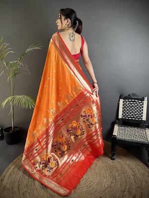 orange  lichi silk blend floral motifs zari weaving paithani saree 3