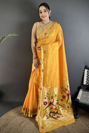 yellow lichi silk blend parrot & floral woven design zari weaving paithani saree