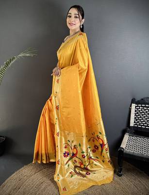 yellow lichi silk blend parrot & floral woven design zari weaving paithani saree 2