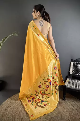 yellow lichi silk blend parrot & floral woven design zari weaving paithani saree