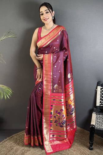 wine lichi silk blend floral motifs zari weaving paithani saree